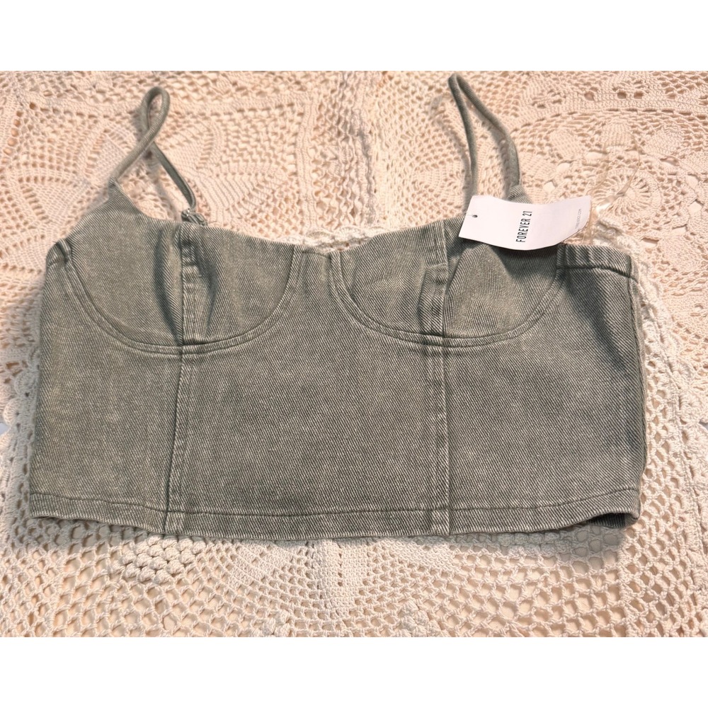 Cherry Mellow Olive Bustier Crop Top Denim Sleeveless‎ Fitted New Size Small